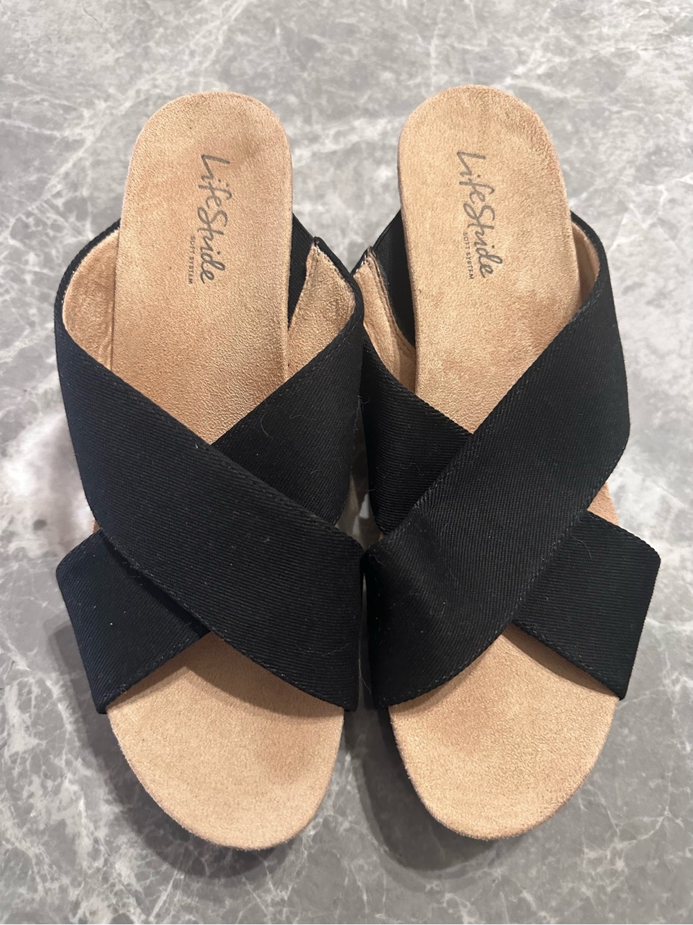 Life Stride Black Crisscross Slide Sandals SZ 9